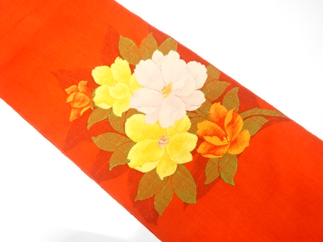 手織り紬　花模様織り出し　名古屋帯